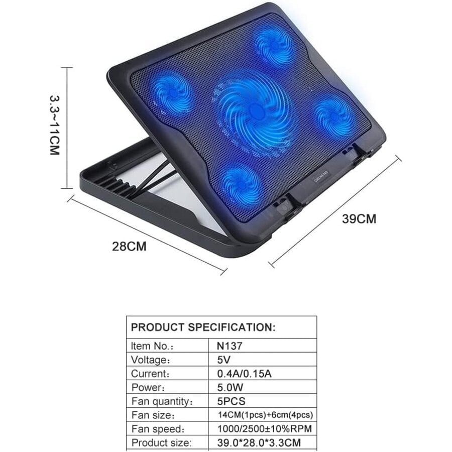 Greenure Laptop Cooler tot 17 inch – Cooling Pad – 5 Ventilatoren – 2 USB Poorten – Verstelbare Verhoging-8