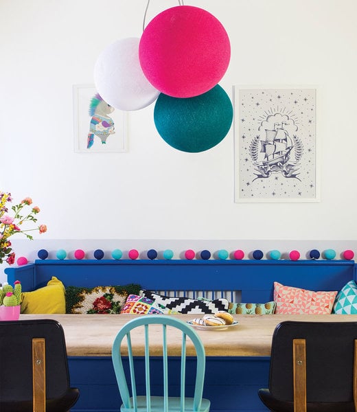 COTTON BALL LIGHTS Inspiration | Living Room | Bright Pink Heavy Aqua White Triple Hanging Lamp