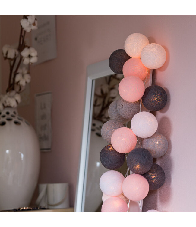 Cotton Ball Lights - Indoor lichtslinger - Pink/Grey - 20 lampjes
