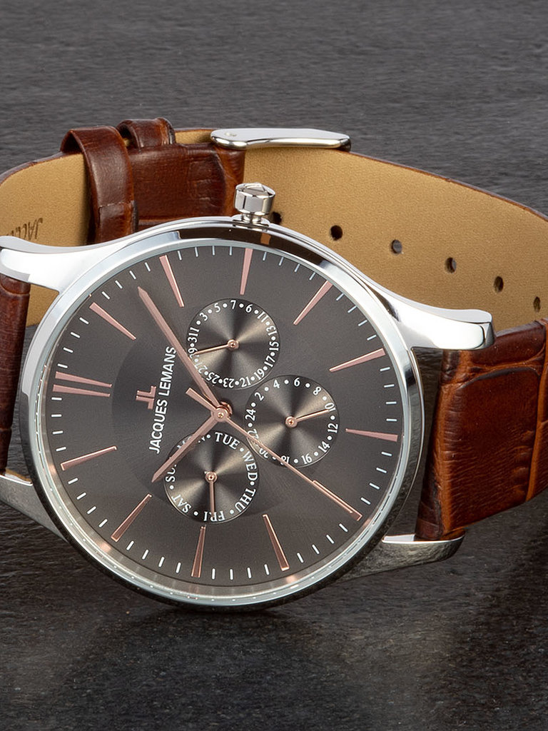 メンズ腕時計 Men\'s Gold Chronograph Display - Strap Rose Brown Jacques and Dial 並行輸入品 Watch 1?1847.C Quartz with Leather Lemans