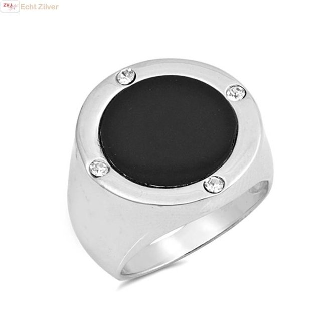 Zilveren ring ronde zwarte onyx en witte zirkoon