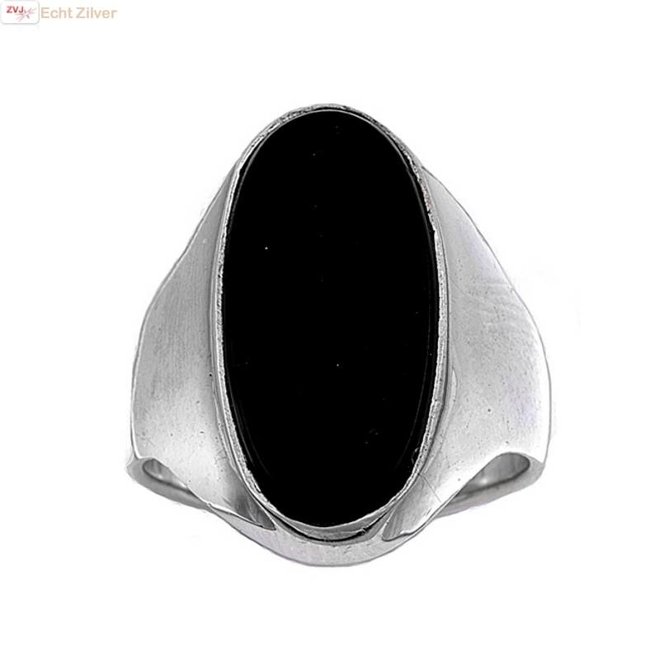 Zilveren grote ovale zwarte onyx heren dames ring