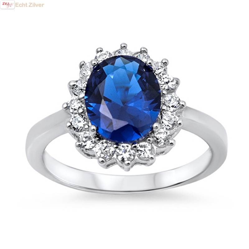 kam Bek afvoer Zilveren saffier blauwe ovale Diana ring - ZilverVoorJou