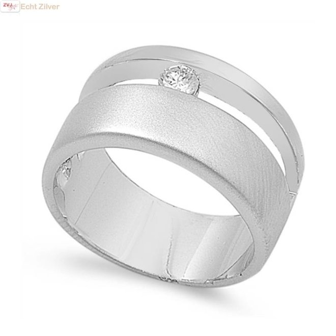 Zilveren brede luxe hoogglans mat ring met witte cz