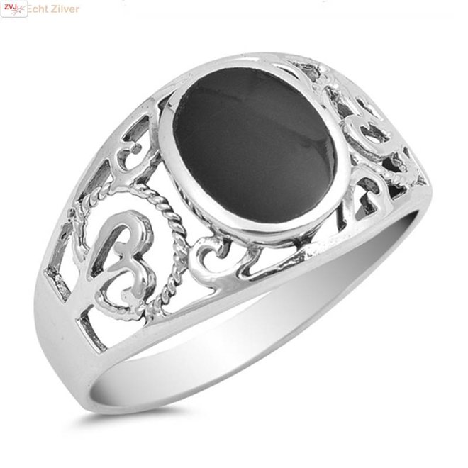 Zilveren ring met zwarte ovale zwarte onyx steen