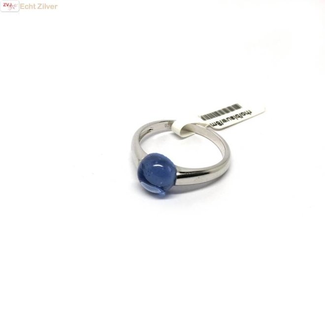 Zilveren ring blauw 8mm ronde glassteen