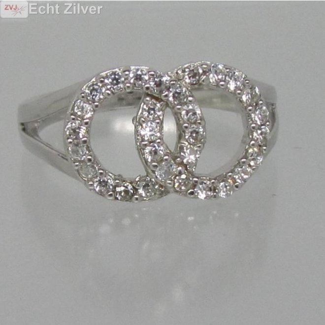 Zilveren rhodium twee cirkels zirkonia ring ringmaat 18