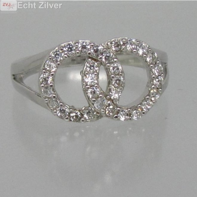 Zilveren rhodium twee cirkels zirkonia ring