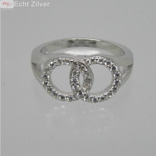 Zilveren rhodium twee cirkels zirkonia ring ringmaat 18