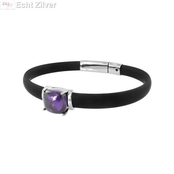 Zwart rubberen armband zilver element amethist cz