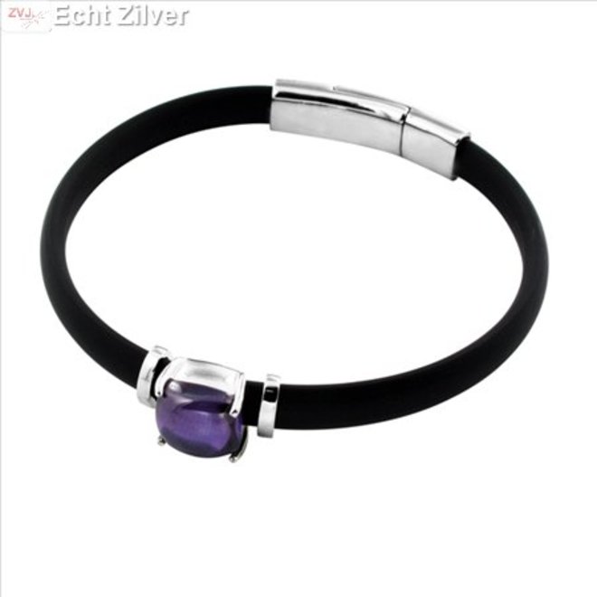 Zwart rubberen armband zilver element amethist cz