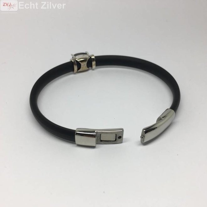 Zwart rubberen armband zilver element amethist cz