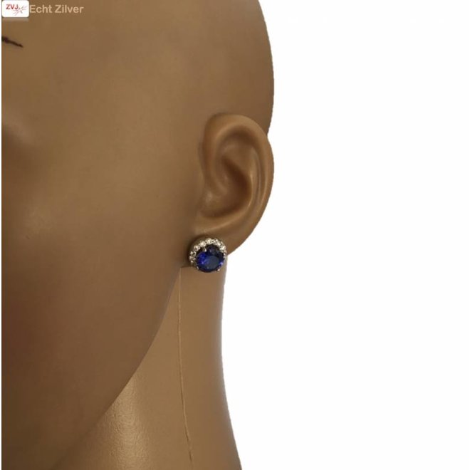 Zilveren paars blauwe Diana ronde oorstekers