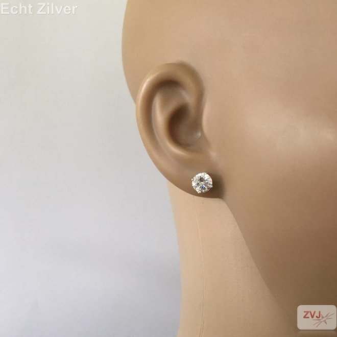 Zilveren 7 mm ronde witte zirkoon rhodium oorstekers