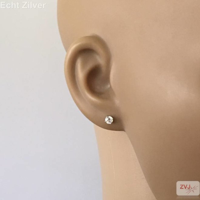 Zilveren 4 mm ronde witte zirkoon rhodium oorstekers