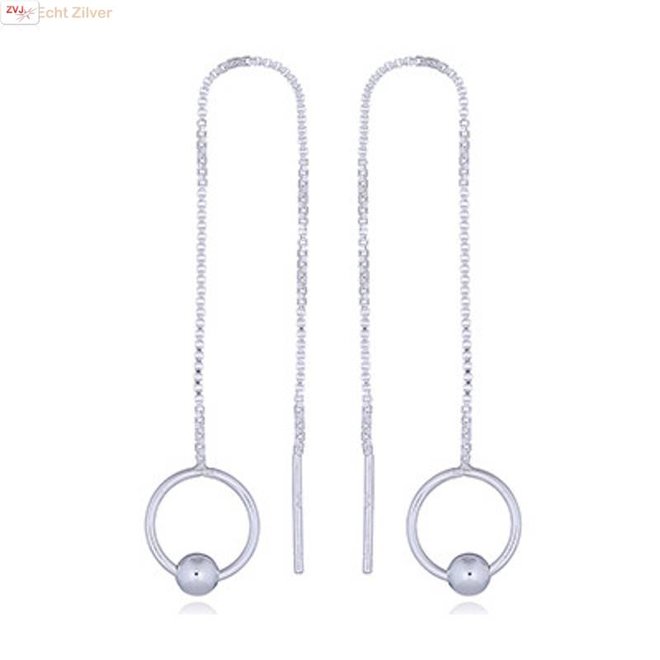 Zilveren doortrekoorbellen cirkel met bal