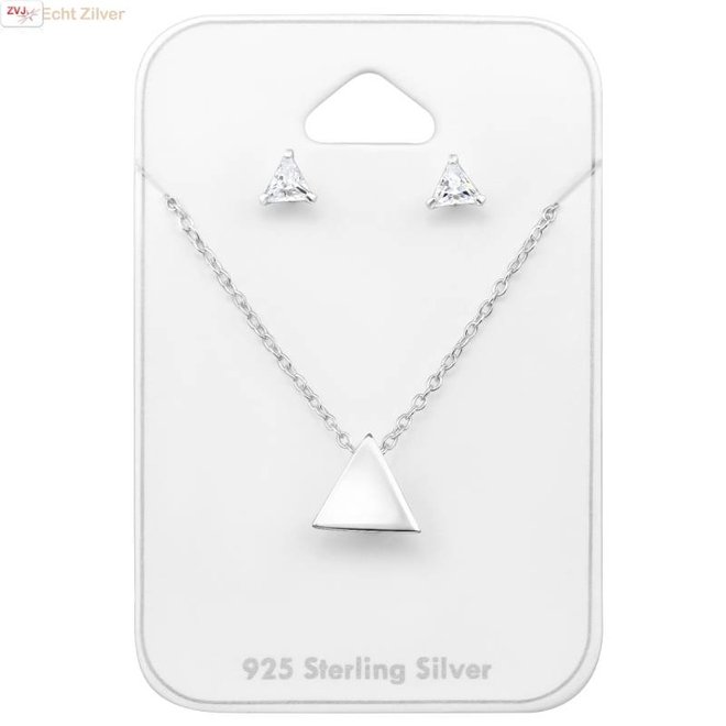 Zilveren mini triangel driehoek set ketting met oorstekers