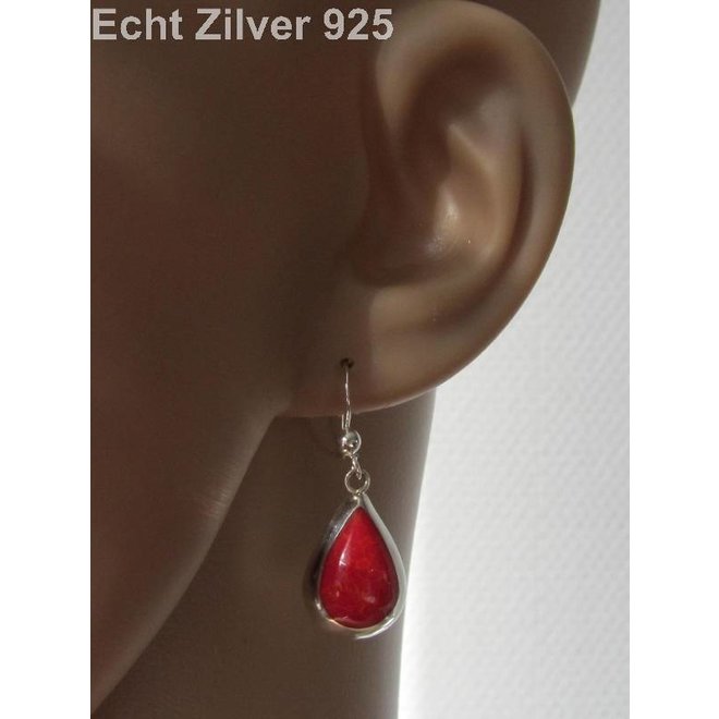 Echt 925 zilveren druppel set hanger + oorbellen koraal rood