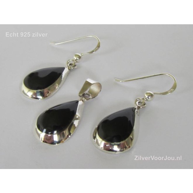 Zilveren druppel set hanger + oorbellen onyx zwart