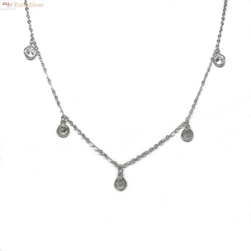 ZilverVoorJou Zilveren kort collier met 5 ronde zirkoon hangertjes ZilverVoorJou Zilveren kort collier met 5 ronde zirkoon hangertjes