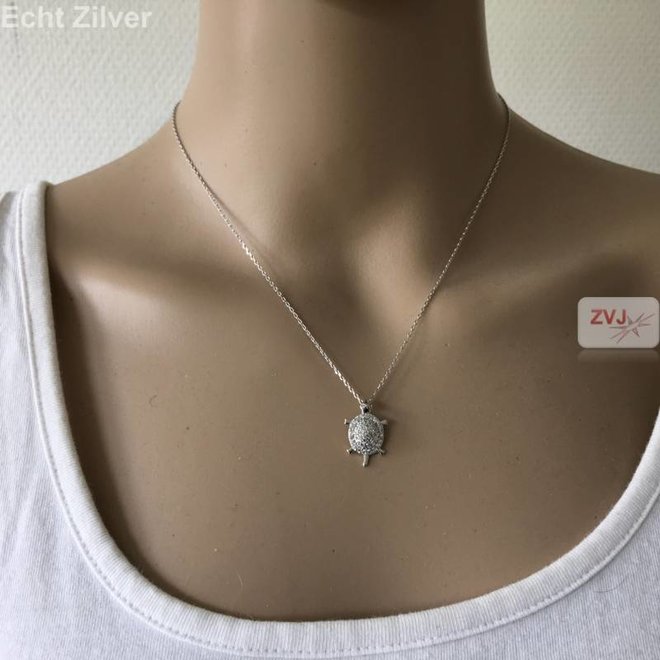 Zilveren schildpad collier witte zirkoon