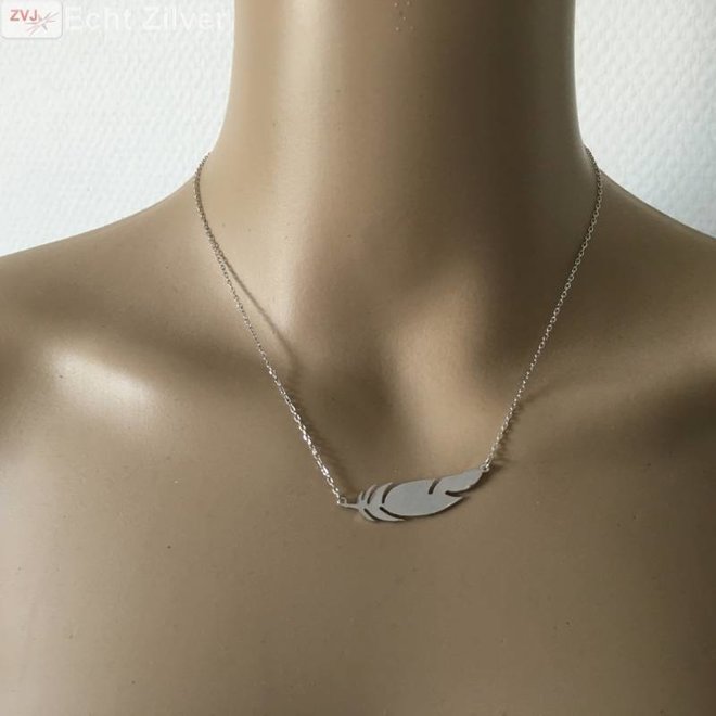 Zilveren veer feather collier