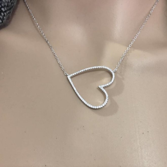 Zilveren collier design open hart witte zirkoon