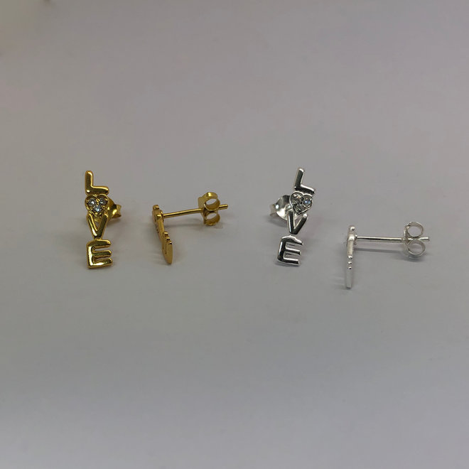 Gold plated 925 zilveren LOVE oorstekers witte zirkonia