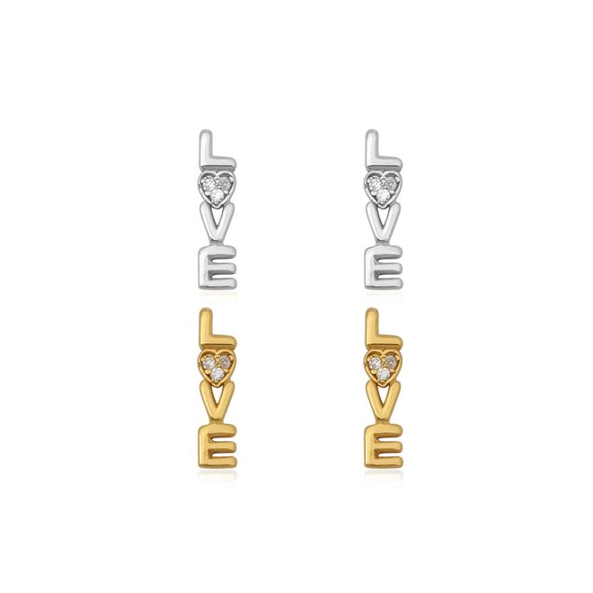 Gold plated 925 zilveren LOVE oorstekers witte zirkonia