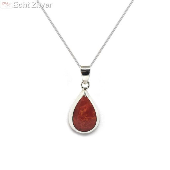 Zilveren ketting met druppelhanger koraal rood