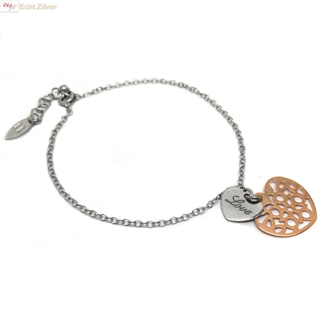 Zilveren rosé plated love hartje armbandje