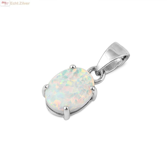 Zilveren ovale witte lab opaal kettinghanger