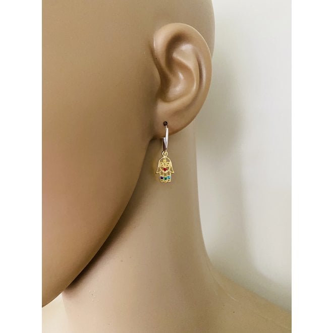 925 Zilveren oorringen golden hamsa hanger multicolor