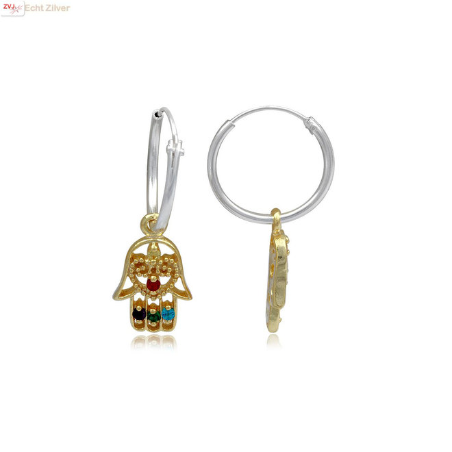 Zilveren oorringen golden hamsa hanger multicolor