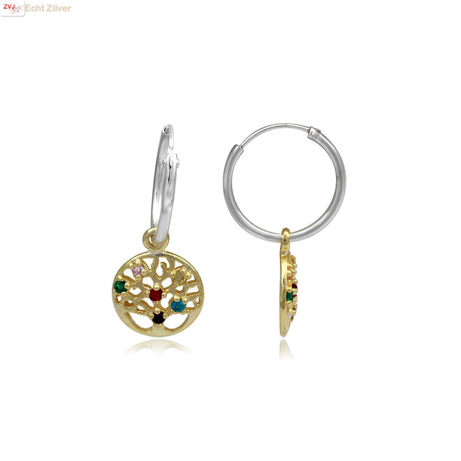 Gold plated 925 Zilveren oorringen levensboom hanger multicolor