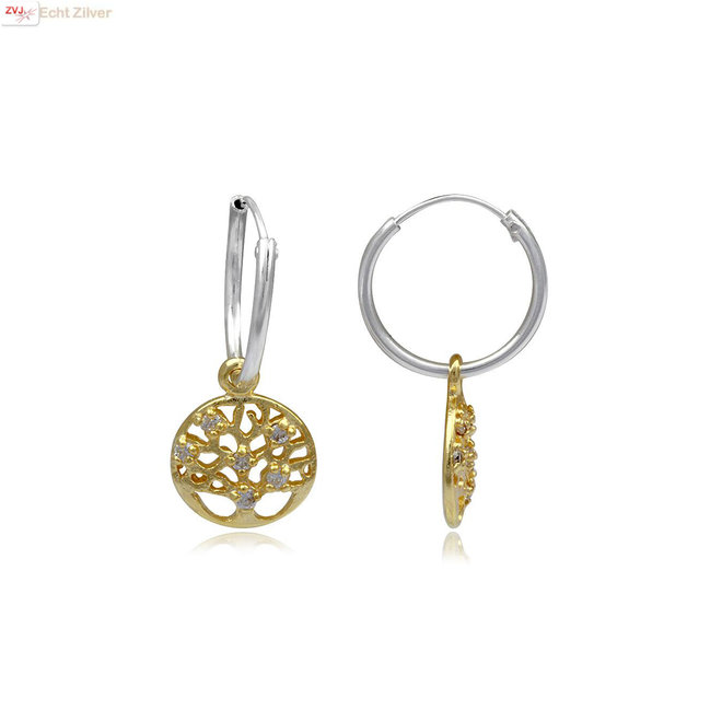 Gold plated 925 Zilveren oorringen  levensboom hanger witte zirkoon