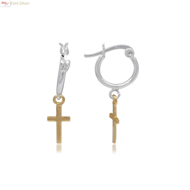 925 zilveren oorringen met gold plated kruisje