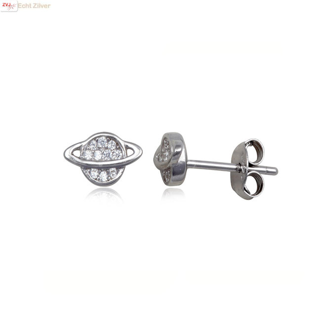 Zilveren kleine planeet witte zirkoon studs