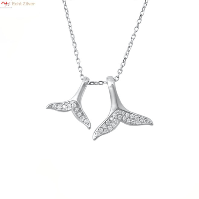 Zilveren moeder kind walvisstaart ketting witte cz
