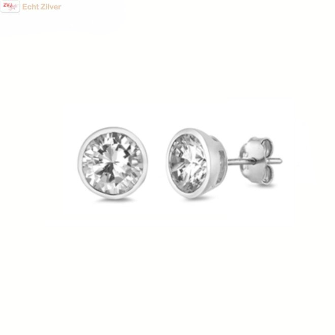 Zilveren ronde 7 mm witte zirkoon in bezel zetting oorknoppen