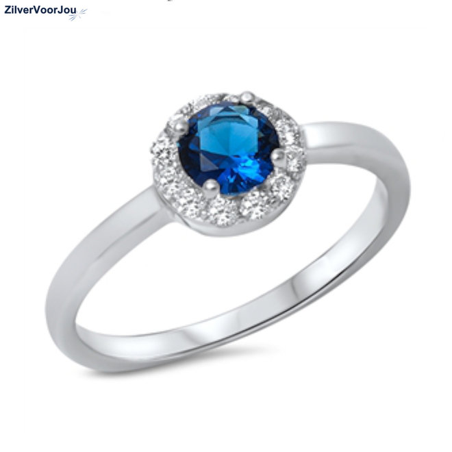 Zilveren diana ring met ronde blauwe saffier zirkoon