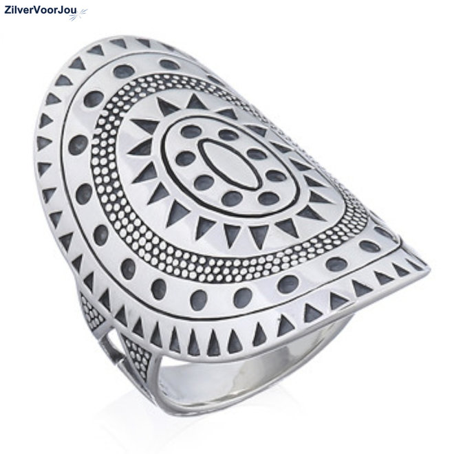 Zilveren grote mandala art ring