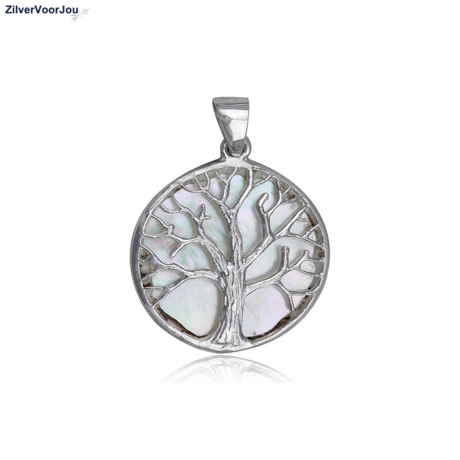 Zilveren parelmoer levensboom, tree of life kettinghanger