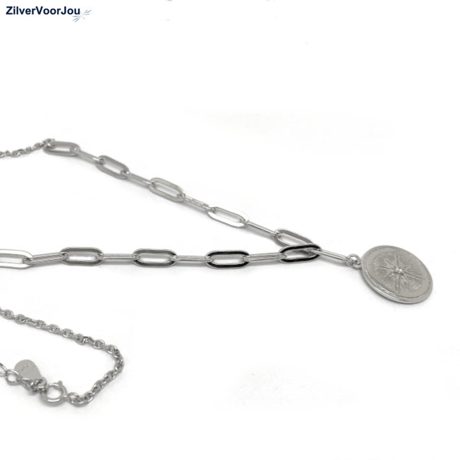 Zilveren vintage kompas schakelketting