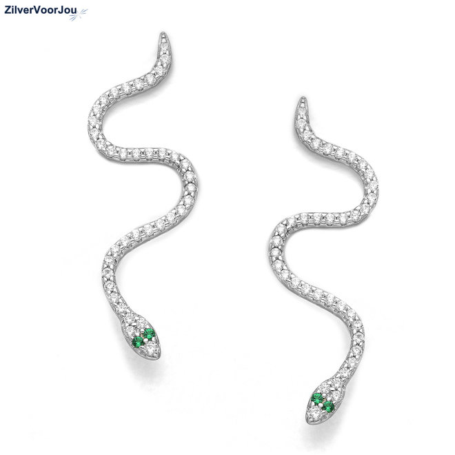 Zilveren slang oorbellen met witte en groen CZ