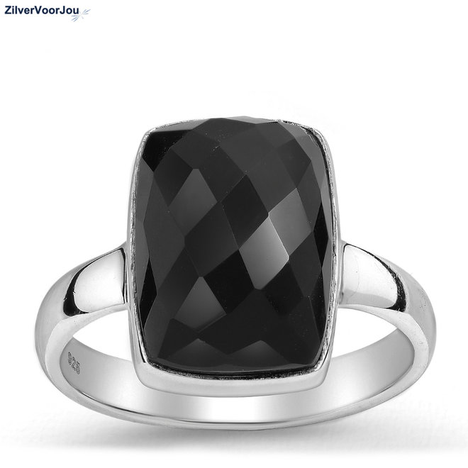 Zilveren zwarte onyx ring rechthoek