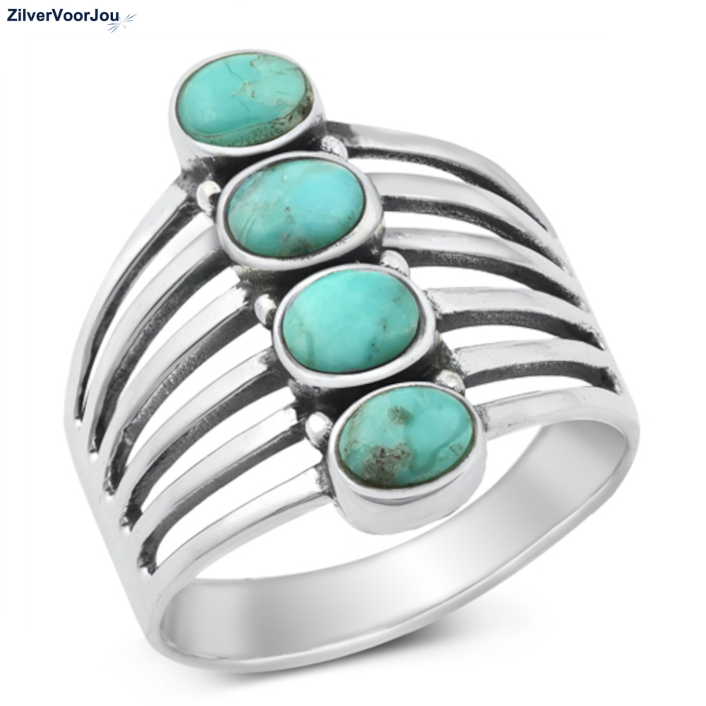Citroen hoek amusement Zilveren grote natuurlijke turquoise ring met 4 stenen - ZilverVoorJou