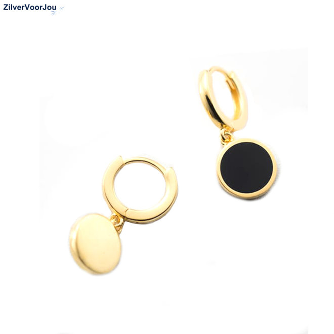 Gold plated 925 zilveren huggie hoop zwarte cirkel hanger