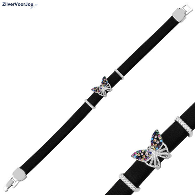 Zilveren zwart leren Butterfly cz armband