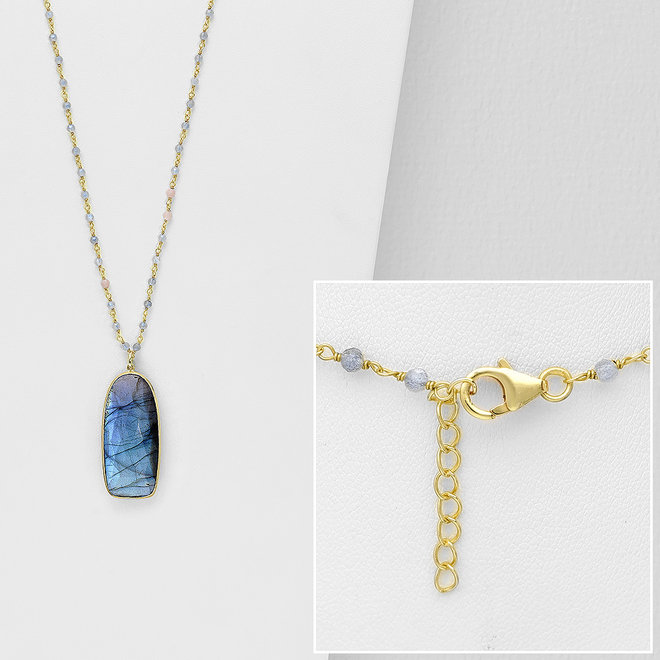 Gold plated 925 Zilveren ketting met  peach maansteen en grote labradoriet hanger